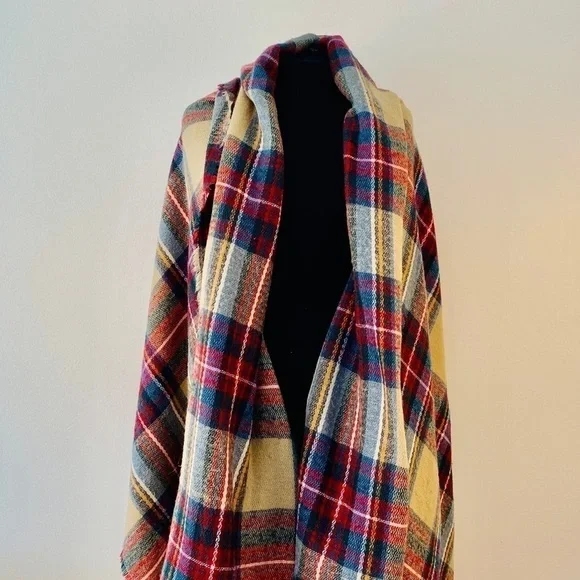 OLIVE and pique scarf large plaid acrylic 79”x 27” cream red green blue white - Picture 7 of 12